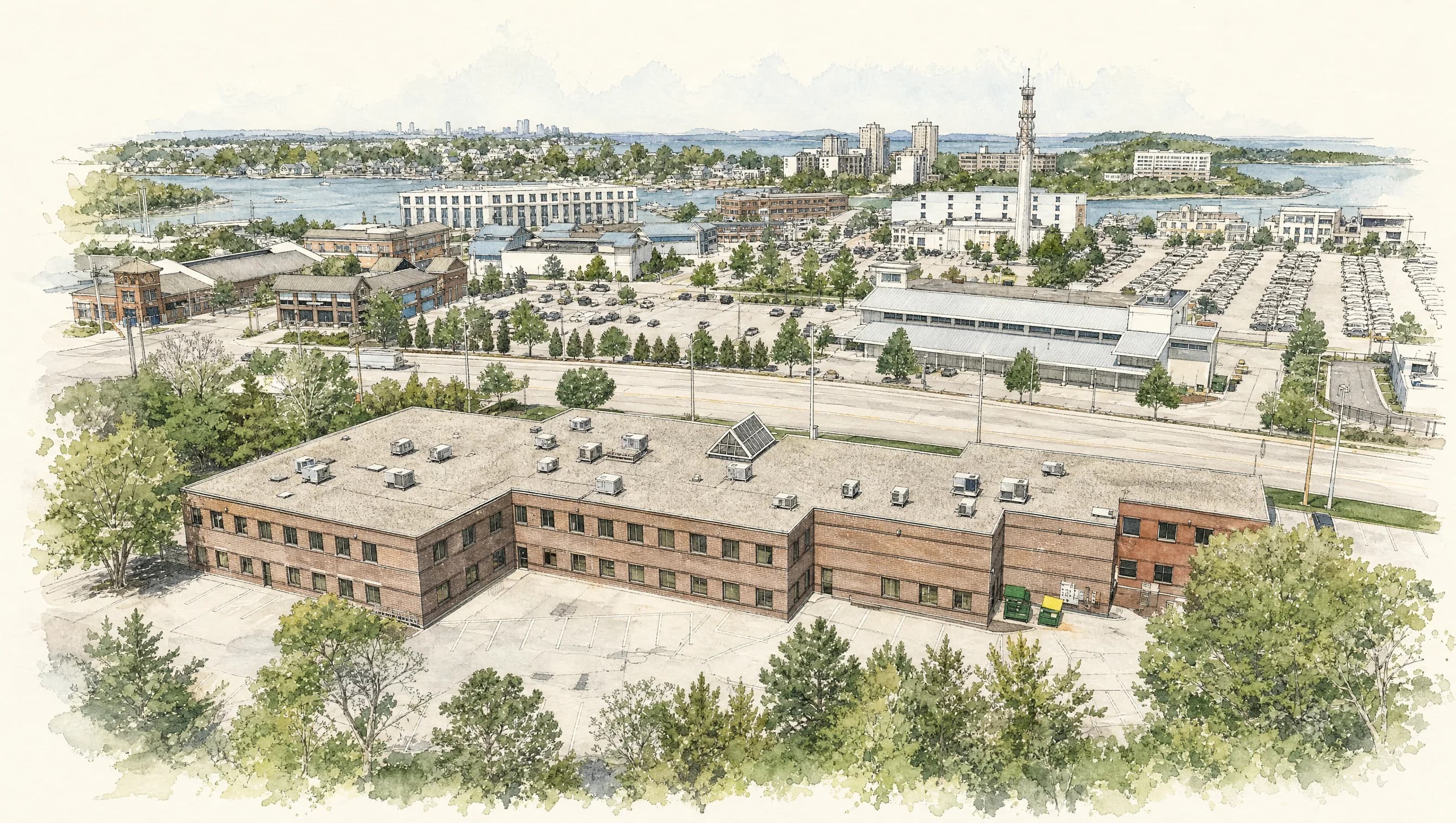 Watercolor aerial of 350 Lincoln St and the Hingham Shipyard with the Boston skyline beyond