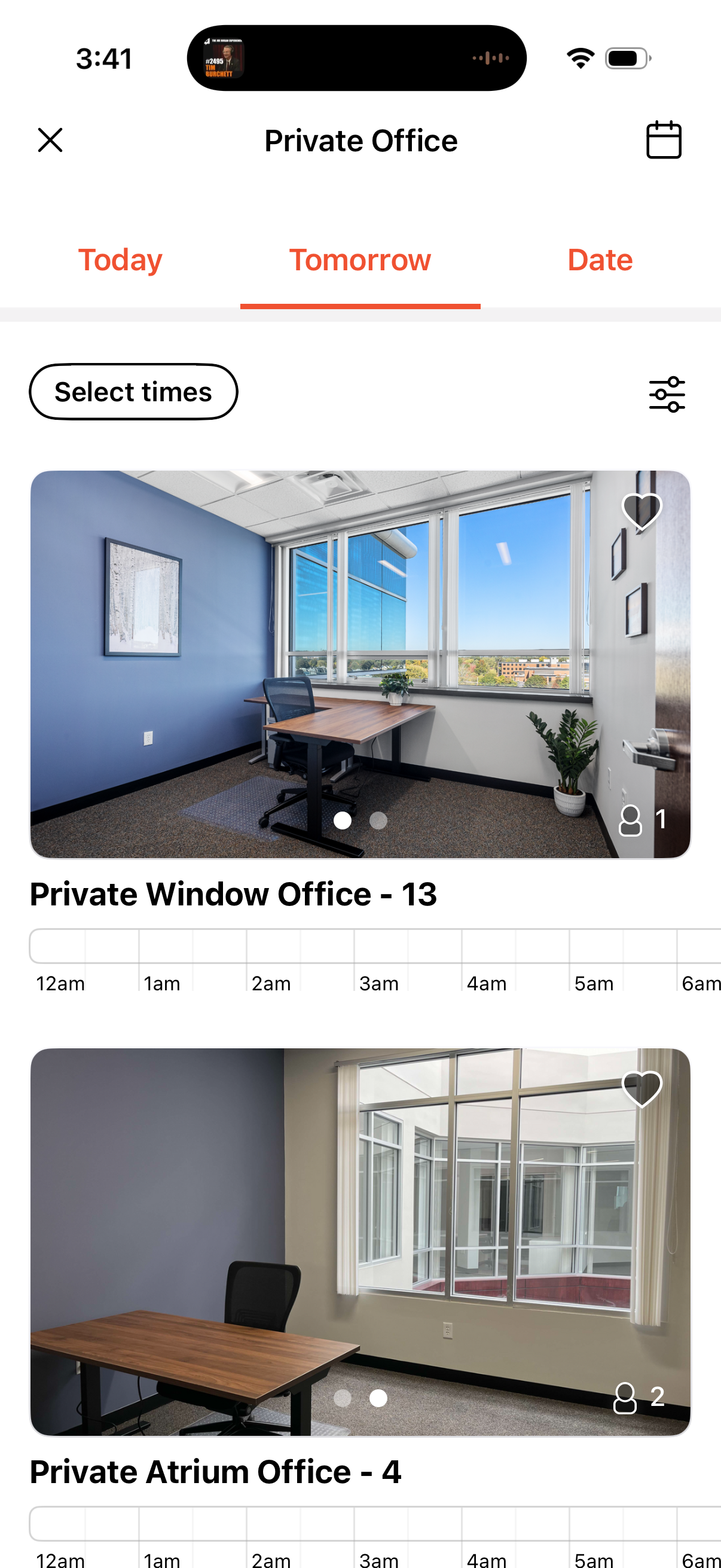 Workspace app — private office booking screen